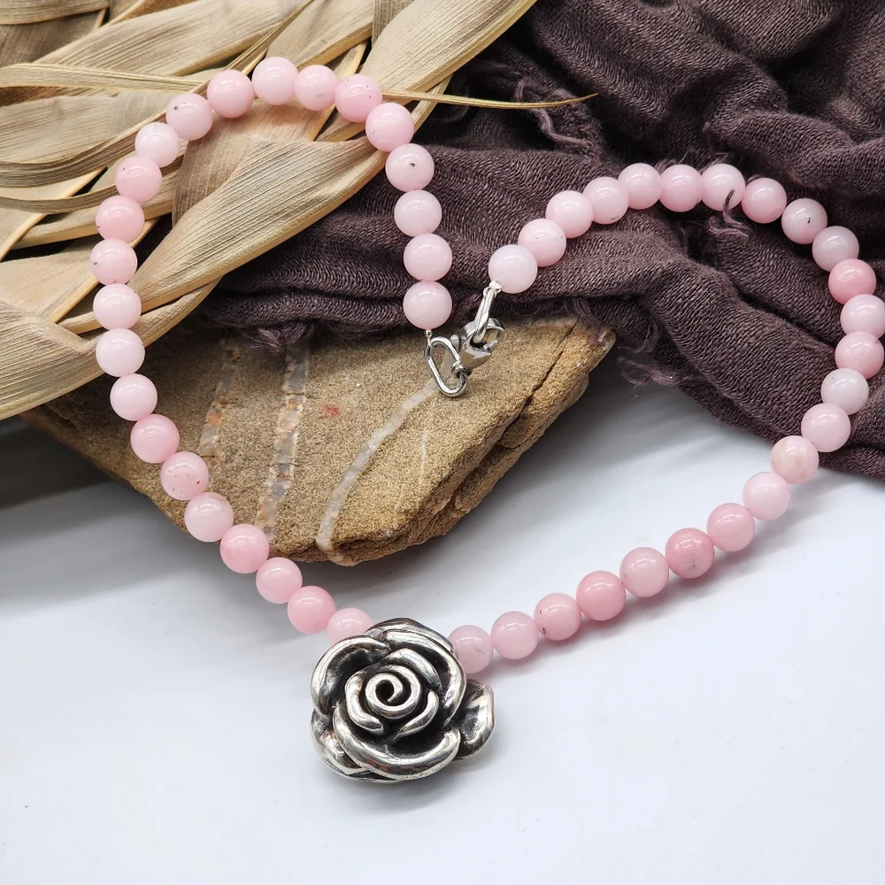 Roses Quartz Genuine Necklace 925 Sterling Silver Rose Pendant Unique Design